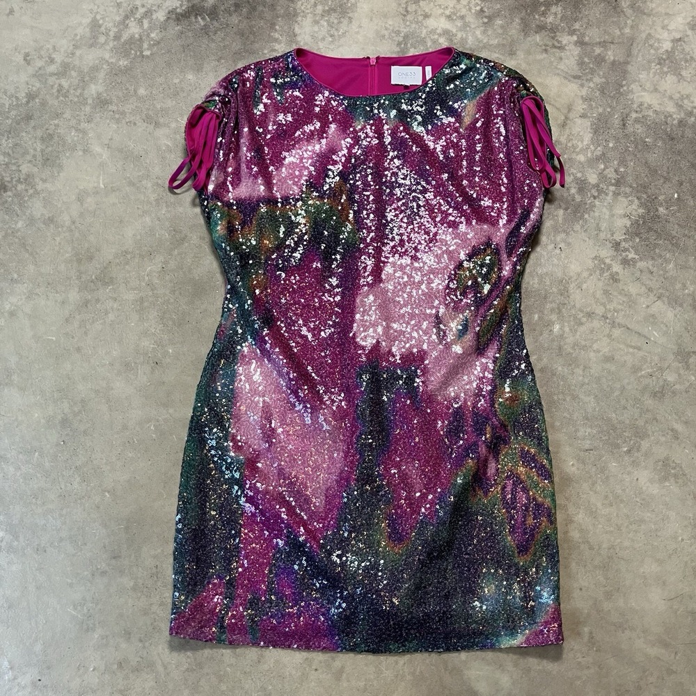 ONE33 Social Women's 8 Pink Multicolor Sequin Mini Dress Ruched Sleeve Party